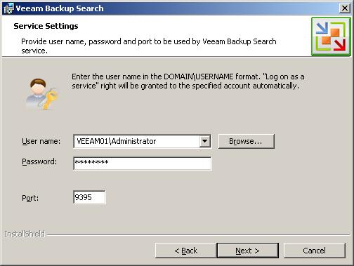 Step 5. Specify Service Credentials Specify the user name and password to be used by the Veeam Backup Search service.