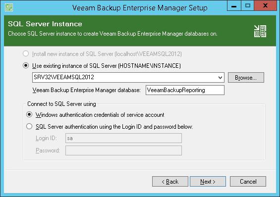Step 8. Set Up a Database to Be Used At this step, you should select an SQL Server instance where Veeam Backup Enterprise Manager database will be created.