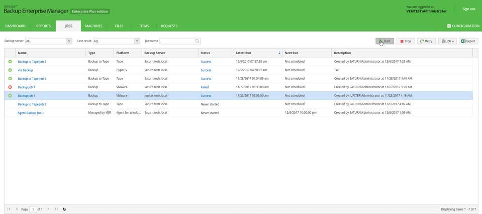 Starting, Stopping and Retrying Jobs Veeam Backup Enterprise Manager allows you to control the job runs without the need to access the Veeam Backup & Replication console on the corresponding backup