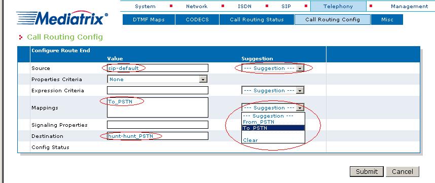 To create a route from SIP (sip-default) to the PSTN (hunt_pstn): o o o set the Source field to sip-default. set the Destination field to hunt-hunt_pstn.