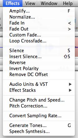 menu bar [effects] amplify normalize silence effects [plugins]