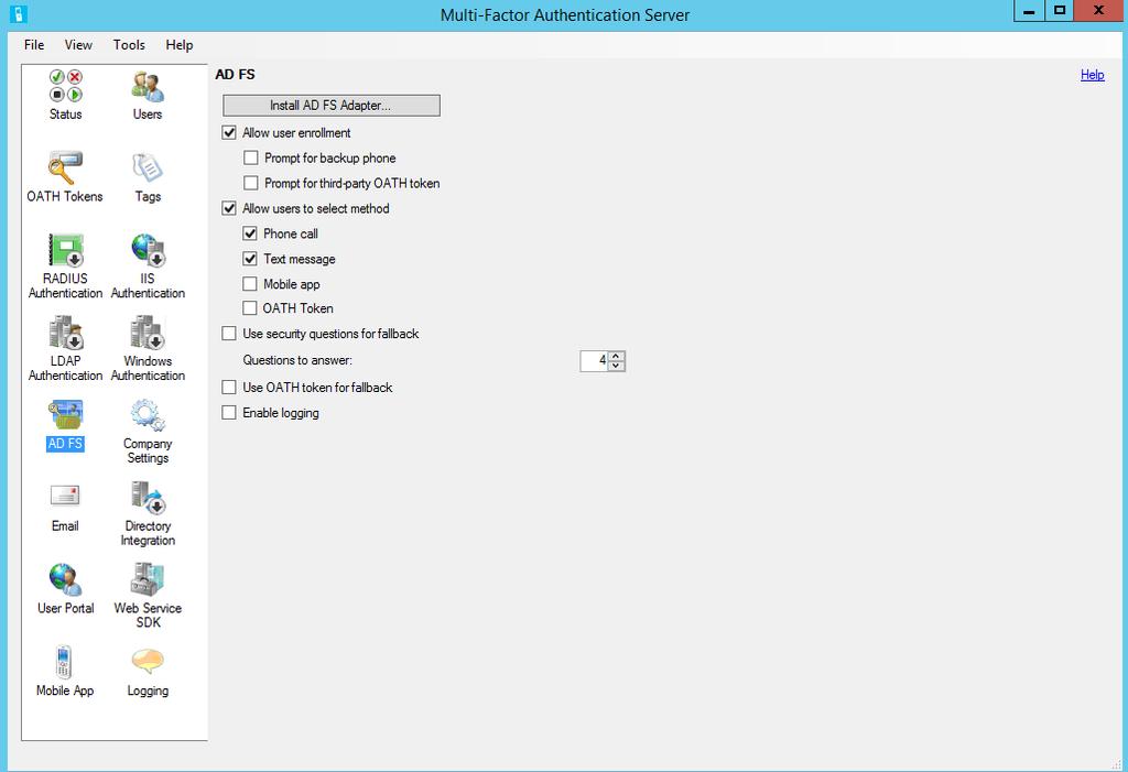2. In the Azure Multi-Factor Authentication Server management console, click the AD FS icon, and then select the options Allow user enrollment and Allow users to select method. 3.