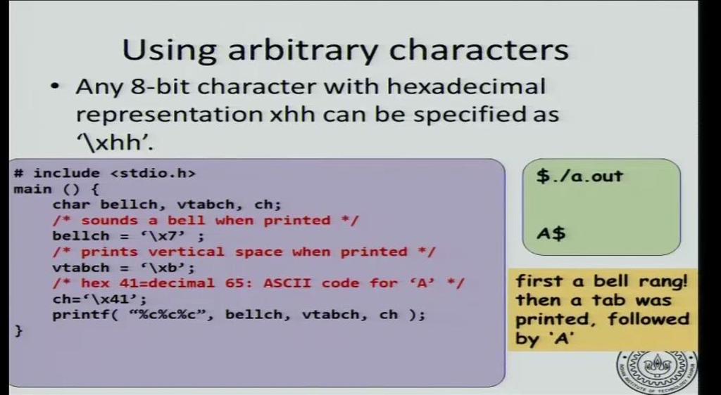 (Refer Slide Time: 12:22) Now, one more thing is that you can print arbitrary numbers, even non-printable characters you can sort of print them using c and one way to do that is I can print any 8 bit