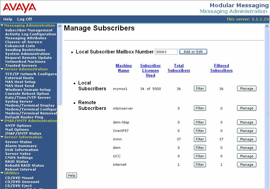 4. Select Messaging Administration Subscriber Management in the left pane. The Manage Subscribers page appears, as shown below.
