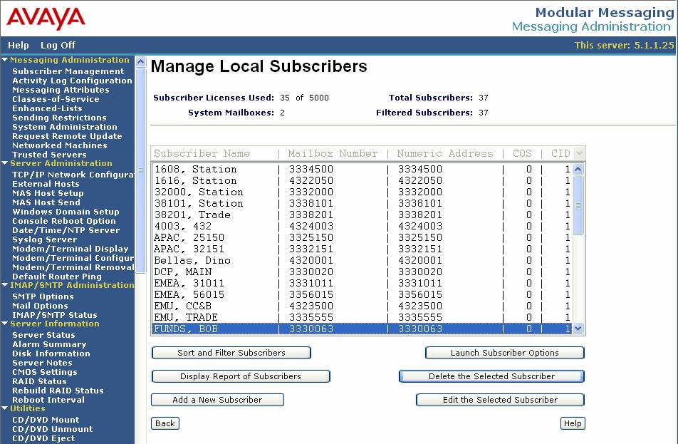 8. To verify that the mailboxes have been created, select the Manage button to the right of the Local Subscribers entry in the table of the Manage
