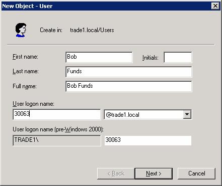 2. In the New Object User dialog box that is presented (see below), enter appropriate strings for First name and Last name (the Full name field will be