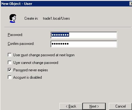 3. In the subsequent dialog box (see below), entire a valid password in the Password and Confirm password fields, make sure the Password never expires check box is the only check box