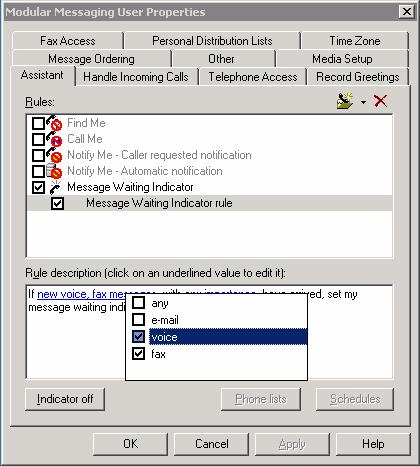 7. The Properties dialog box is active once again (not shown). Click User Options; the Modular Messaging User Properties dialog box appears (see below).