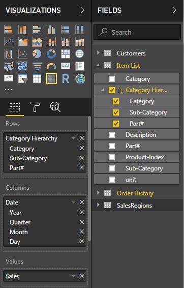 Expand the Item List table and drag the Sub-Category field on top of the Category field. This will create a new field called Category Hierarchy with 2 sub fields, Category and Sub-Category.