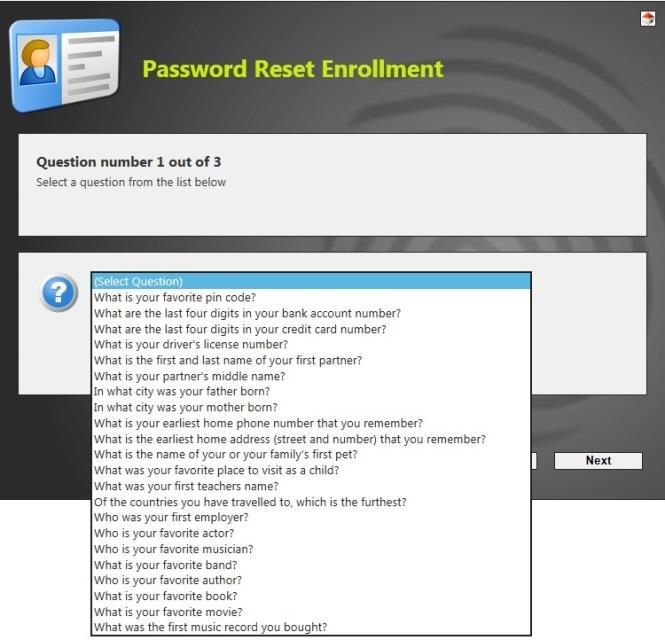 3.5 The Password Reset Enrollment screen will appear. Re-enter your Temporary Password in the Current Password field. Click Next to continue. 3.