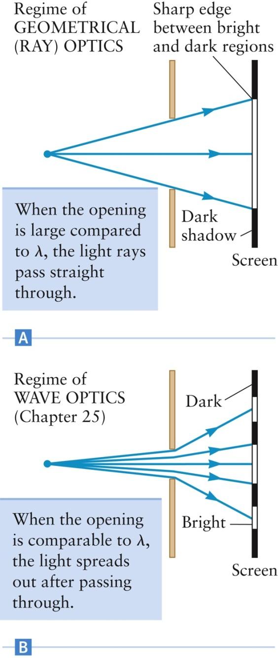 Rays Rays indicate the path and direction of propagation of the light wave In A, the waves pass through a large opening and, to a very good approximation, follow straight lines that