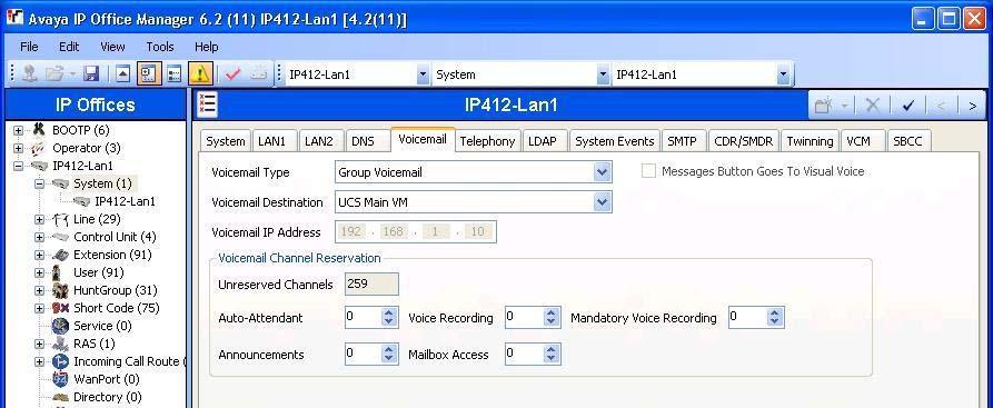 4.4. Administer System Voicemail From the configuration tree in the left pane, select System to display the IP412-Lan1 screen in the right pane. Select the Voicemail tab.
