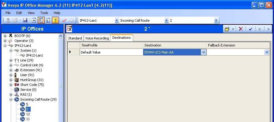 4.6. Administer Incoming Call Route From the configuration tree in the left pane, select Incoming Call Route followed by the first call route to be answered by the Objectworld auto attendant service,