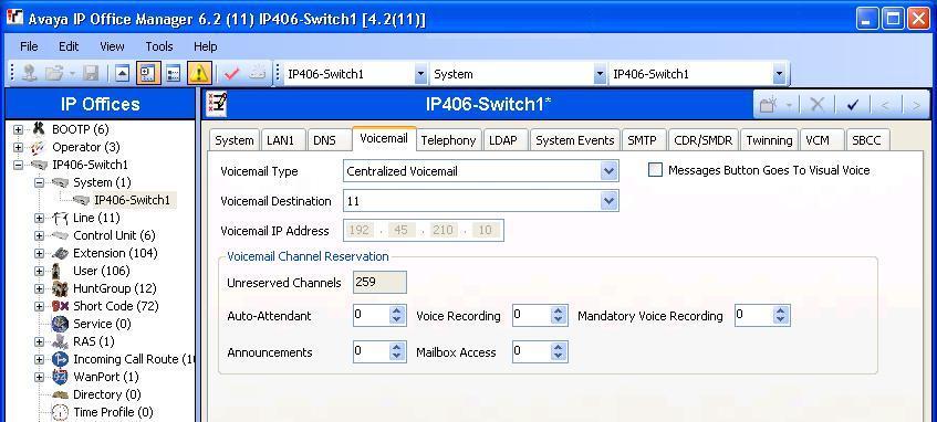 5.2. Administer System Voicemail From the configuration tree in the left pane, select System to display the IP406-Switch1 screen in the right pane. Select the Voicemail tab.