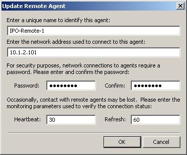 The Update Remote Agent screen is displayed. Enter a descriptive name and the IP address of the Objectworld Remote Agent, as shown below.