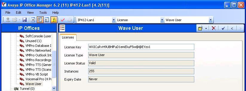 Scroll down the configuration tree in the left pane, and select License > Wave User to display the Wave User screen in the right pane.