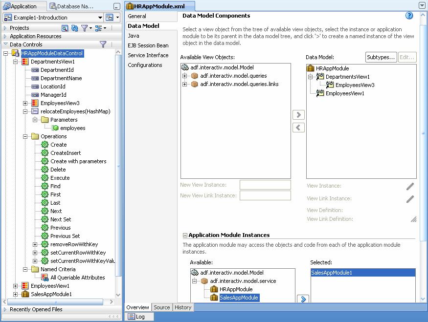 Figure 1-5: ADF Business Components data model and its exposure in the ADF Data Control palette <Application Module>Impl Developers build a custom implementation class for an Application Module to
