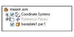 Lesson 3 Building a Roller Assembly Step 7: Display the coordinate systems collection In the graphics window, click in free space to deselect the base plate part.