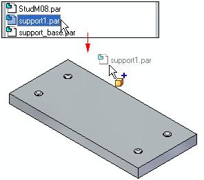 Lesson 3 Building a Roller Assembly Step 3: Place the support part Click the Parts Library tab. In the file list area on the Parts Library tab, select the file named support1.