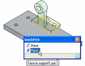 Building a Roller Assembly Step 7: Use QuickPick to select the planar face on the support Depending on the current settings on your computer, a tooltip may be displayed adjacent to the cursor, as