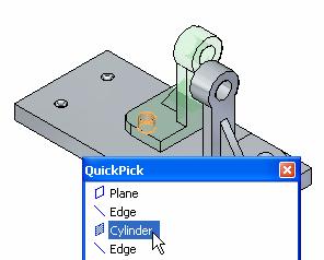 Building a Roller Assembly Step 10: Select the cylindrical face to align on the support part Use QuickPick to select the cylindrical face on the support shown in the illustration.