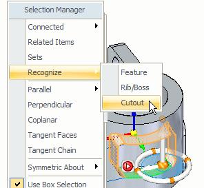 Lesson 2 Intermediate Part Modeling and Editing Step 5: Selection Manager Overview continued When you left-click the red symbol, the Selection Manager menu is displayed, which allows you to add items