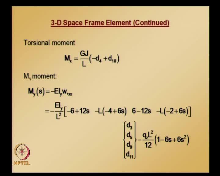 (Refer Slide Time: 18:07) Using these formulas we can calculate axial force components of shear and torsional moment; here, in the formulas we have the nodal values d 1 to d 12 and these have the