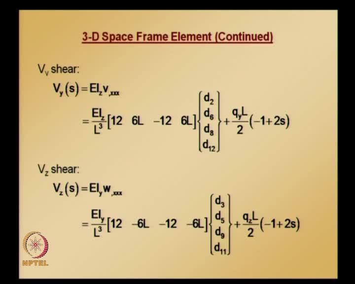 For an element with a uniform load - q y q z, q y in the xy plane q z in the xz plane; the equations in terms of local coordinates, that is, s is equal to 0 corresponds to node 1 s is equal to 1