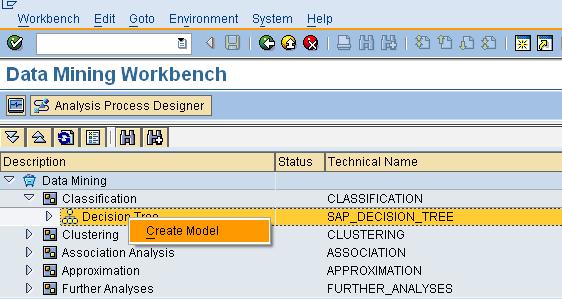 Creating a Model Go to Transaction RSDMWB (Data Mining Workbench) Data Mining->Expand Classification->Right Click Decision Tree->Create Model Choose the Model Name and Description The method name for