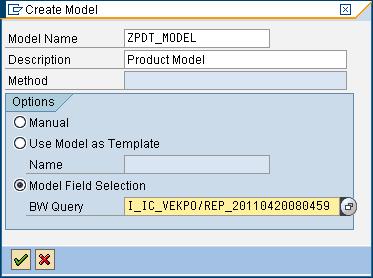 To create a model from a query, choose Model Field Selection and select the query which you want use as a source for model fields.