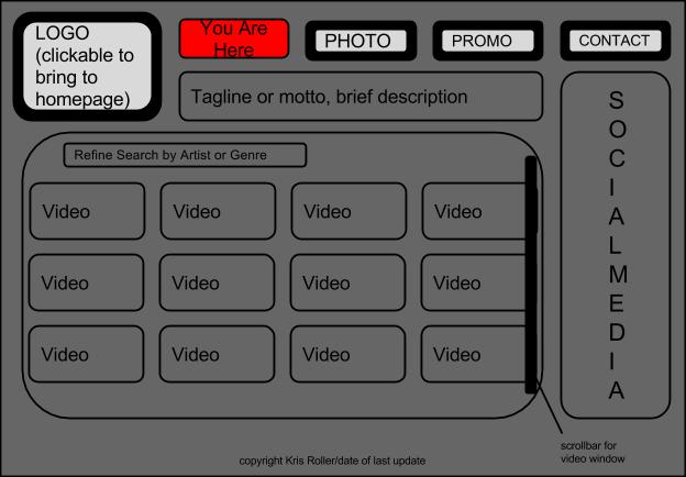 Video page The Video page will contain content relating to his music videos. This page, like all others, will have the logo, site name and navigation fixed on the screen.