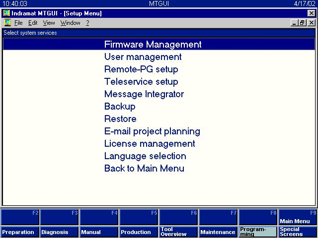 2-8 Applications in the MT Interface MTGUI User Interface Fig. 2-10: Setup menu Setup Menu: Firmware Management SetupMenue_gr.bmp A detailed description can be found in the documentation "Setup".