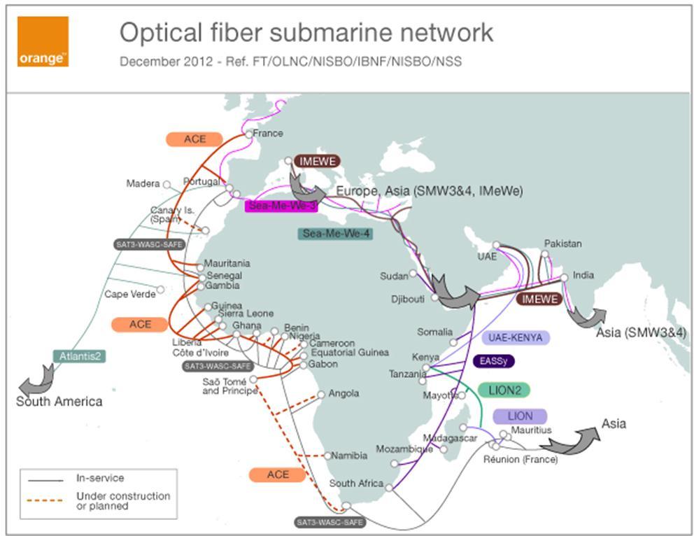 The 17,000 km-long fibre optic cable connects 23 countries, either directly in the case of coastal countries or indirectly for landlocked countries. It became operational in 2012.