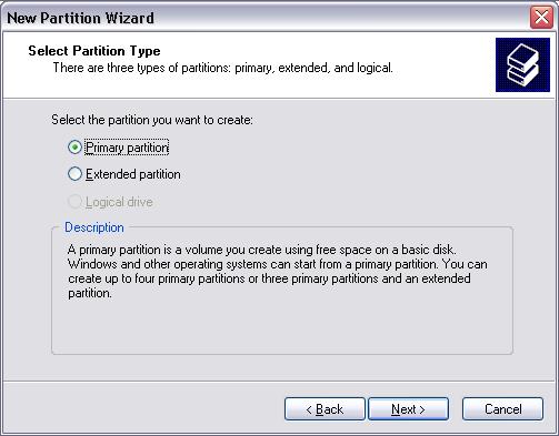 6. Select "Primary partition" and click on "Next". 7. Now you can adjust the size of your partition.
