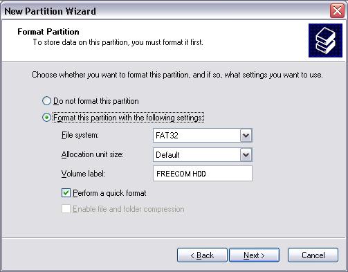 9. Select the formatting option "Format this partition with the following settings". Choose either "FAT32" or "NTFS", the "Allocation unit size" should remain on "Default".