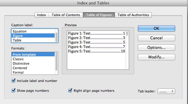 In the menu, click on Table of Figures. Ensure that the Caption Label in this case is Figure. Hit OK. The LIST OF FIGURES will generate.