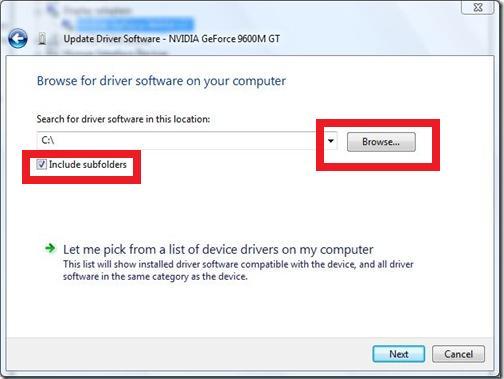 4. Then on the next window please make sure you have checked Include subfolders 5. On the same windows click browse and navigate to the CD drive to where your drivers are located.