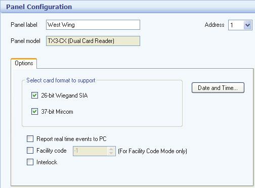 Configuring a Card Access System Panel To set the card access panel 1. Click Panel. The Panel Configuration window appears: Figure 90. Panel Configuration - Card Reader 2.