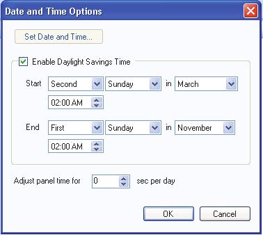 Configuring a Card Access System Panel To set the daylight saving time 1. Click Date and Time. The Date and Time Options window appears. Figure 91. Date and Time Options 2.