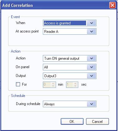 Configuring a Card Access System Panel 2. Click Add. The Add Correlation window appears. Figure 98. Add Correlation 3. Enter the following parameters: When. This parameter defines the input event.