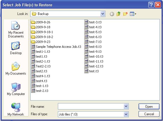 Getting Started To restore jobs 1. Disconnect from the network and select File/Restore from the Menu Bar. The Job Restore window appears. Figure 12. Select Job File to Restore 2.