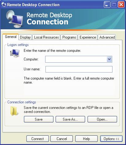 Getting Started 2. Click Options. The Remote Desktop Connection Options window appears showing the General tab. Figure 23. Remote Desktop Connection - General 3.