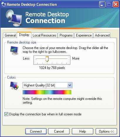 Getting Started 4. Click Display. The Display window appears. Figure 24. Remote Desktop Connection - Display 5.