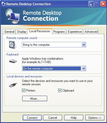 Getting Started 6. Click Local Resources. The Local Resources window appears. Figure 25. Remote Desktop Connection - Local Resources 7. Provide information for the following: Keyboard.
