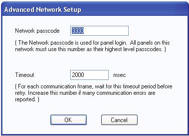 The network passcode is used for logging into each panel. All panels on the network must use this passcode as their highest level passcodes. Network timeout.