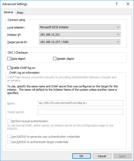 Set the Local adapter as Microsoft iscsi Initiator, specify the Initiator IP address (Veritas Backup Exec address) and