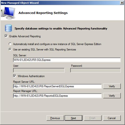 Step 6: Configure Database The next step allows configuring the Advanced Reporting SQL settings, enabling the product s reporting capability.