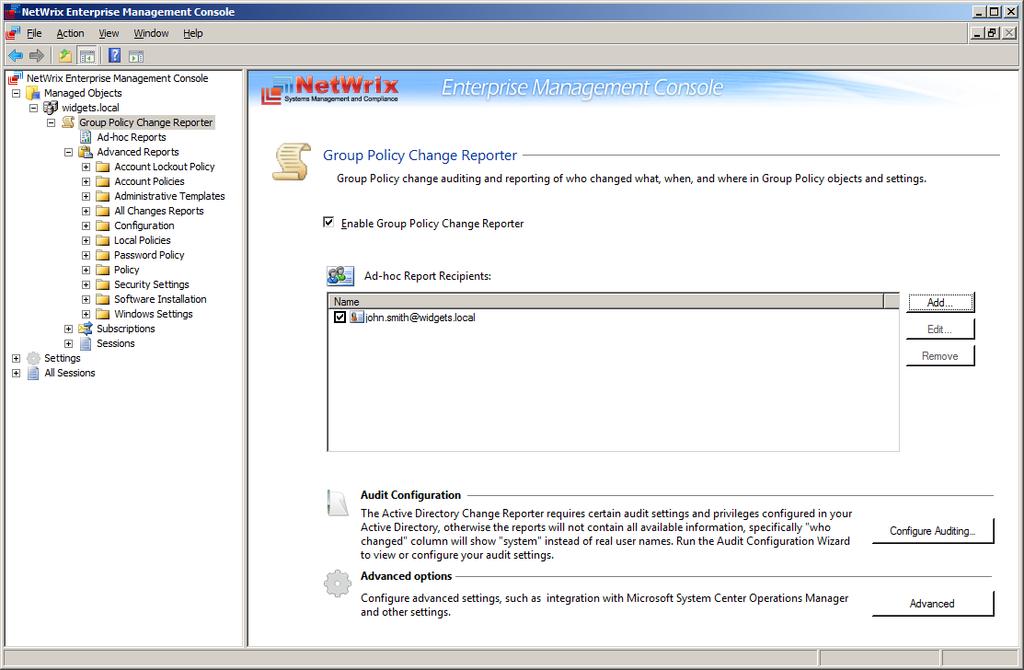 3.2 Modifying Group Policy Change Reporter Settings This section describes how to change the configuration settings of an existing managed object (domain).