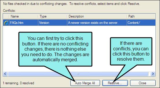 EXAMPLE CONFLICTING CHANGES Let's say two authors Bob and Jill are working on the same project, using source control to manage the files. Bob starts making changes to the "FAQs" topic.