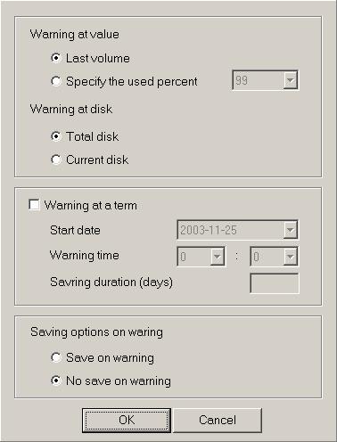 Warning on disk full: In order to get an alert message when your hard disk is filling up check this box and click Properties.